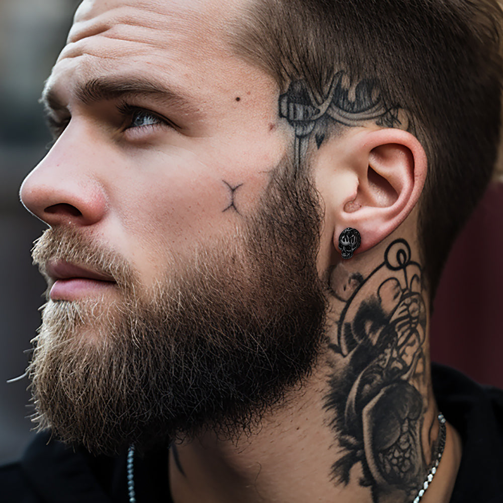 Gothic Flaming Skull Stud Earrings For Men