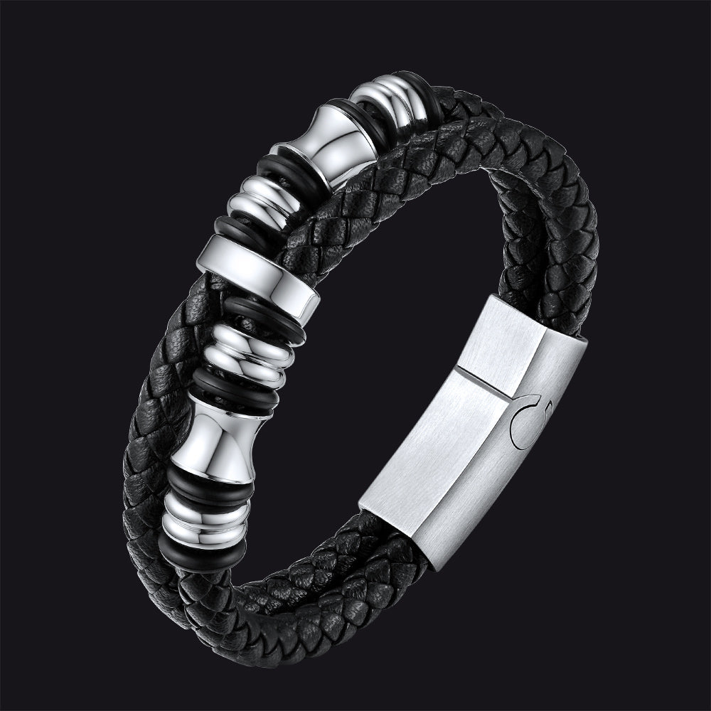 Viking Black Engraved Leather Braided Wristband Bracelet for Men