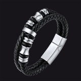 Viking Black Engraved Leather Braided Wristband Bracelet for Men