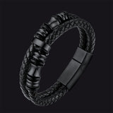 Viking Black Engraved Leather Braided Wristband Bracelet for Men