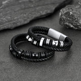 Viking Black Engraved Leather Braided Wristband Bracelet for Men