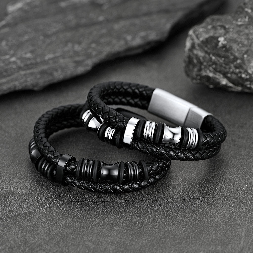 Viking Black Engraved Leather Braided Wristband Bracelet for Men