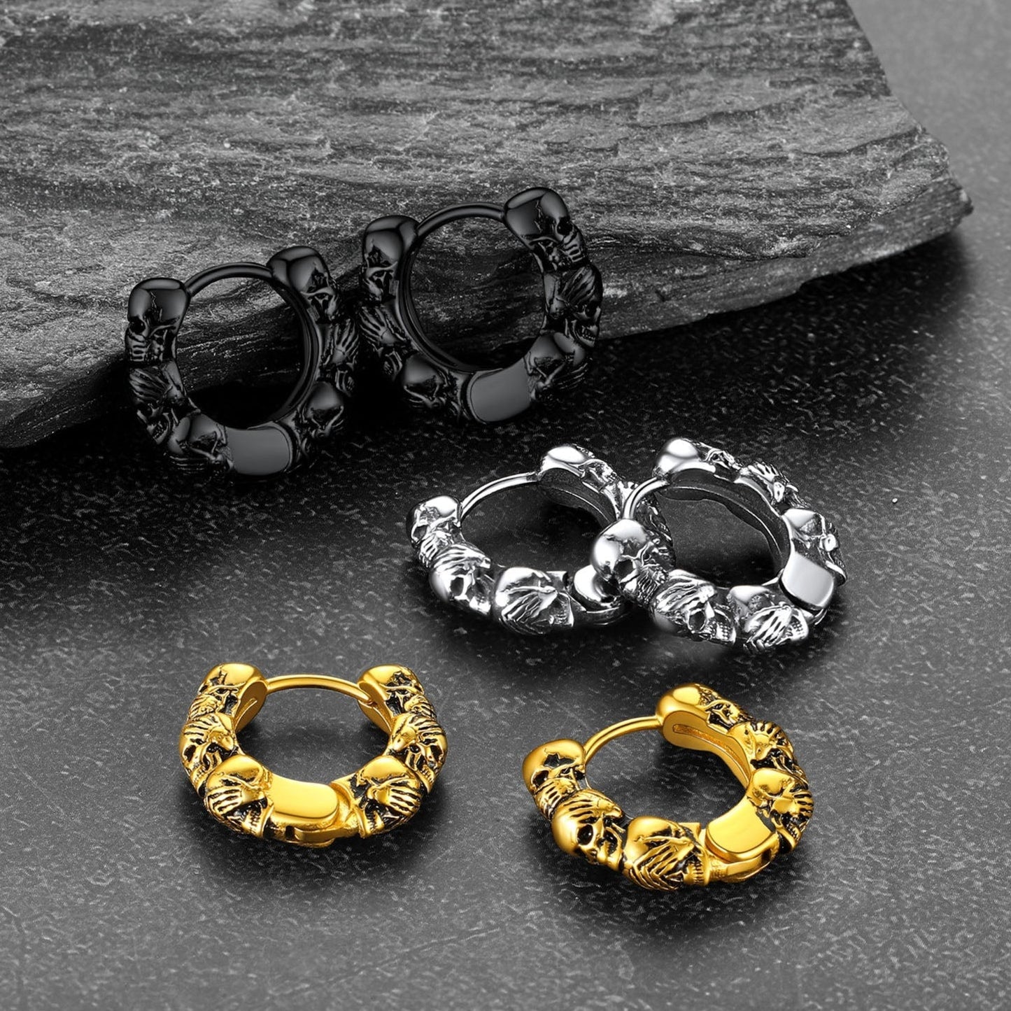 Sterling Silver Skulls Hoop Huugie Earrings For Men