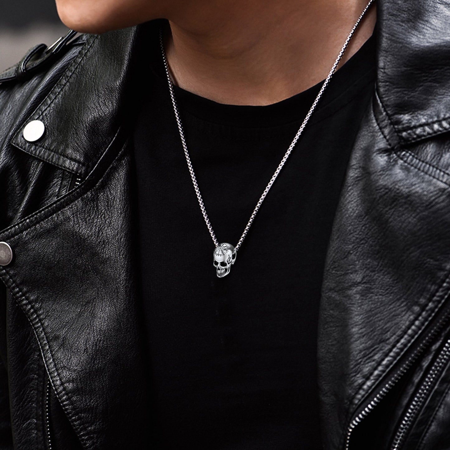 Nordic Viking Compass Skull Pendant Necklace for Men