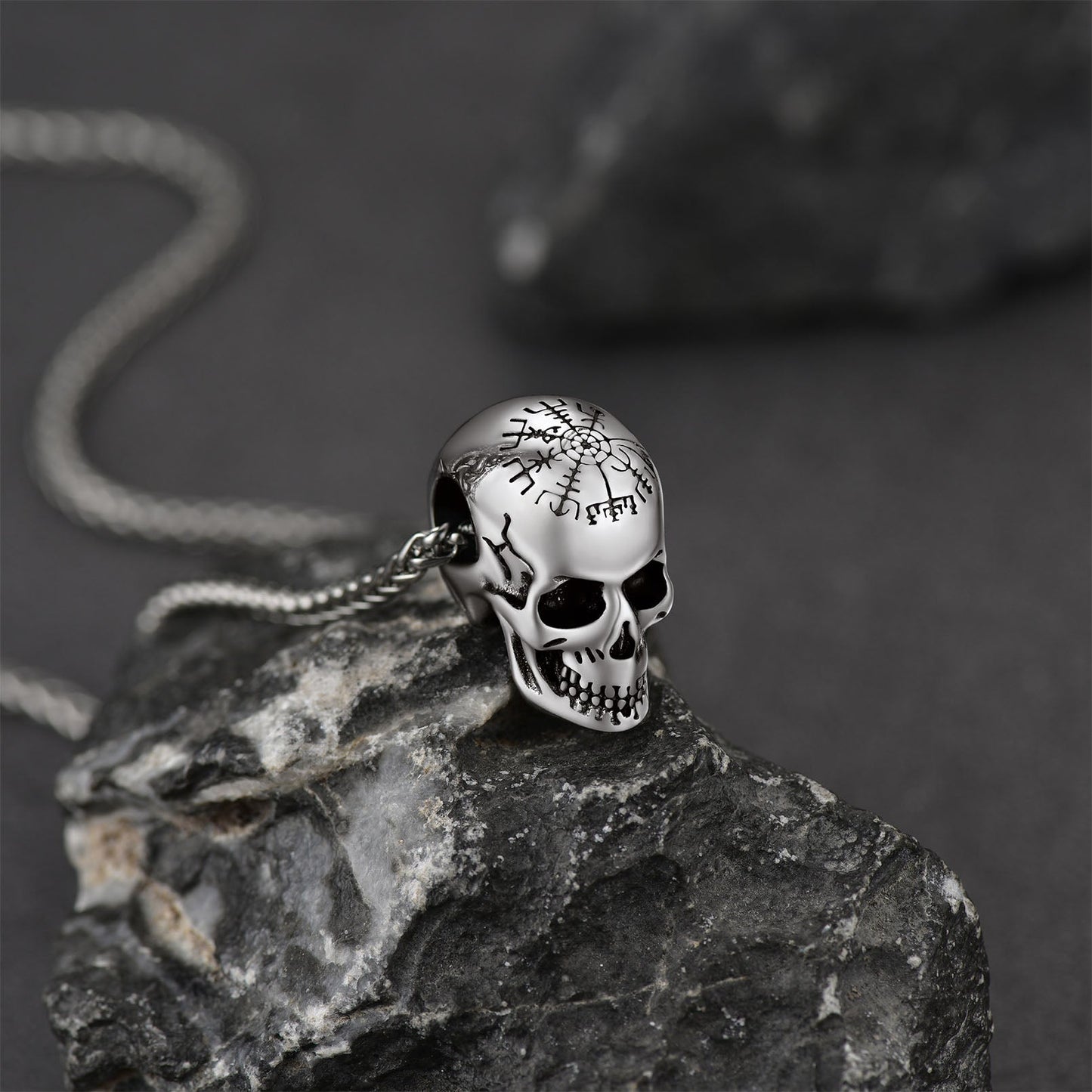 Nordic Viking Compass Skull Pendant Necklace for Men