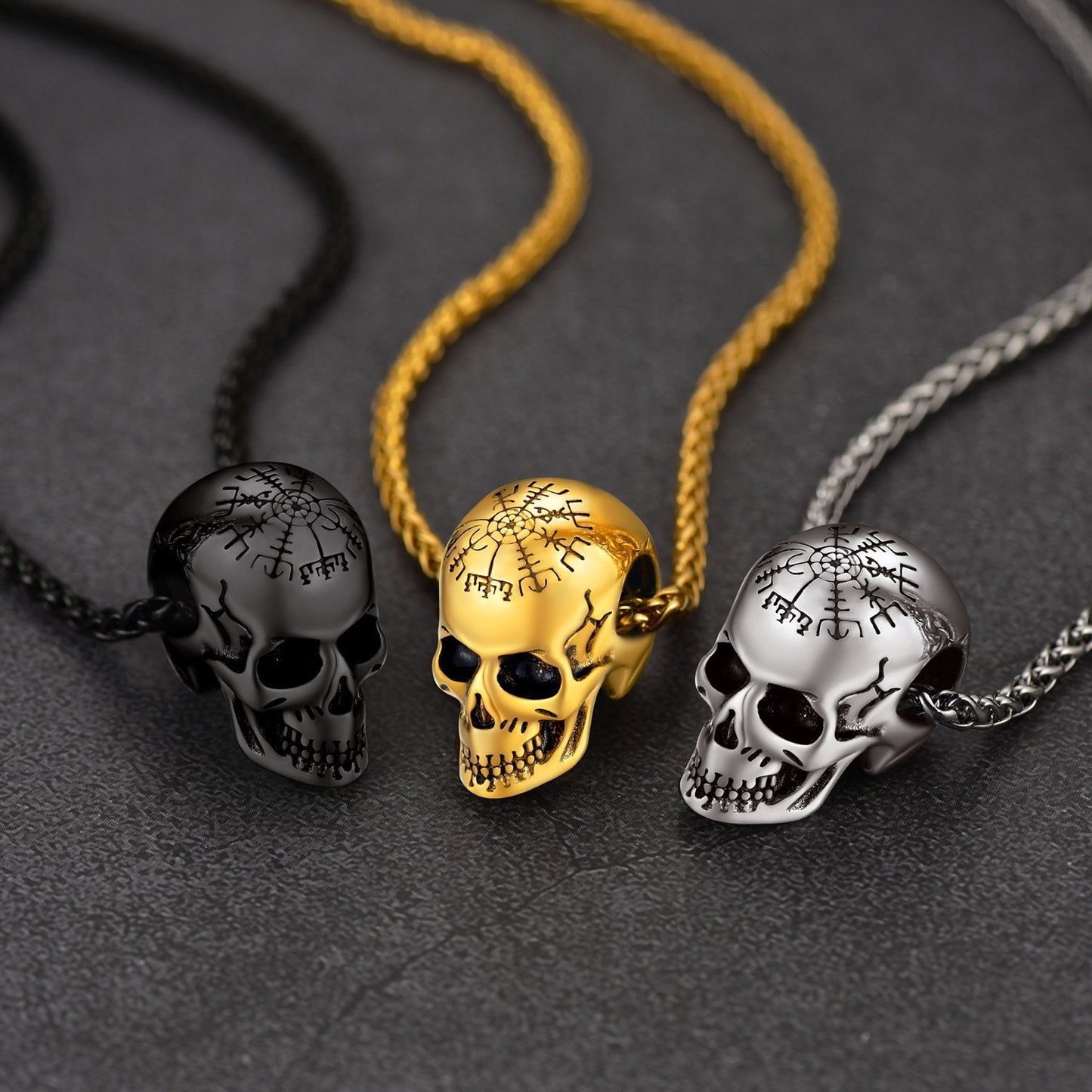 Nordic Viking Compass Skull Pendant Necklace for Men