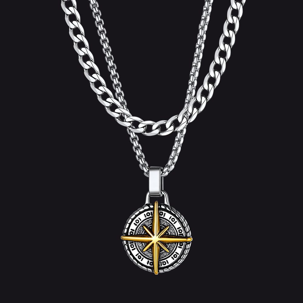 Cuban Curb Chain & Polaris Compass Pendant Layered Necklaces Set for Men