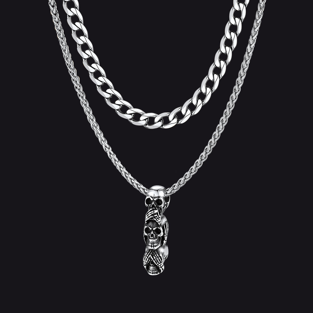 Cuban Curb Chain & Skull Layered Necklaces Set for Men