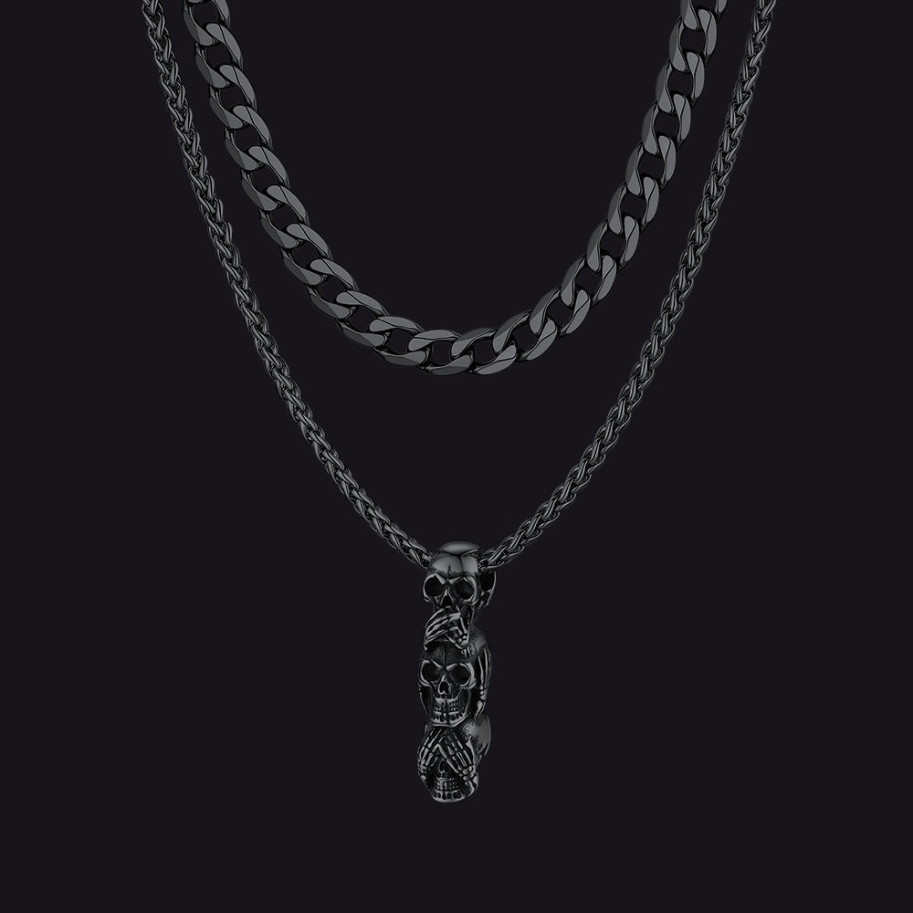 Cuban Curb Chain & Skull Layered Necklaces Set for Men