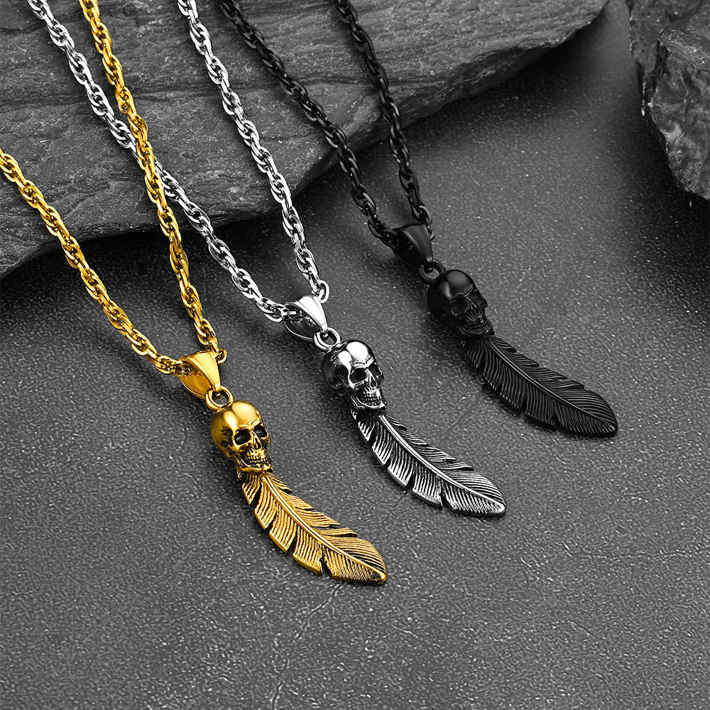 Gothic Stainless Steel Skull Feather Necklace
