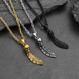 Gothic Stainless Steel Skull Feather Necklace