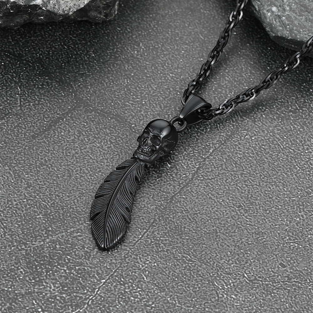 Gothic Stainless Steel Skull Feather Necklace