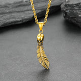 Gothic Stainless Steel Skull Feather Necklace