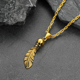 Gothic Stainless Steel Skull Feather Necklace