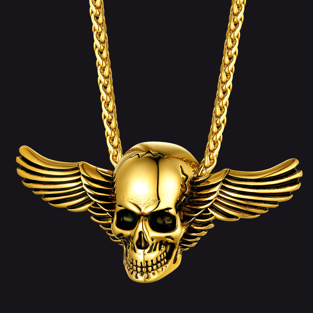 Gothic Skull Necklace With Wing For Men