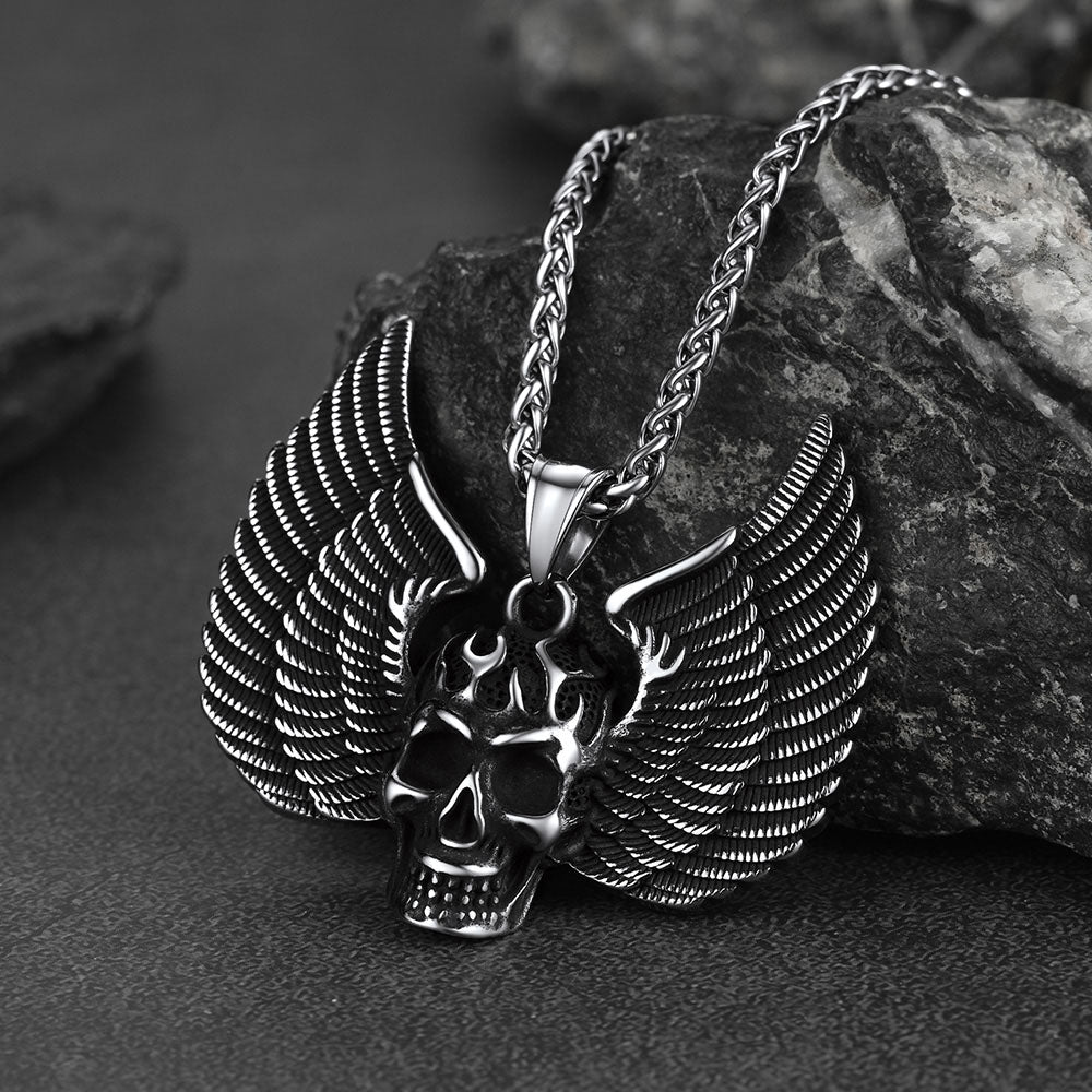 Gothic Flame Winged Skull Pendant Necklace for Men