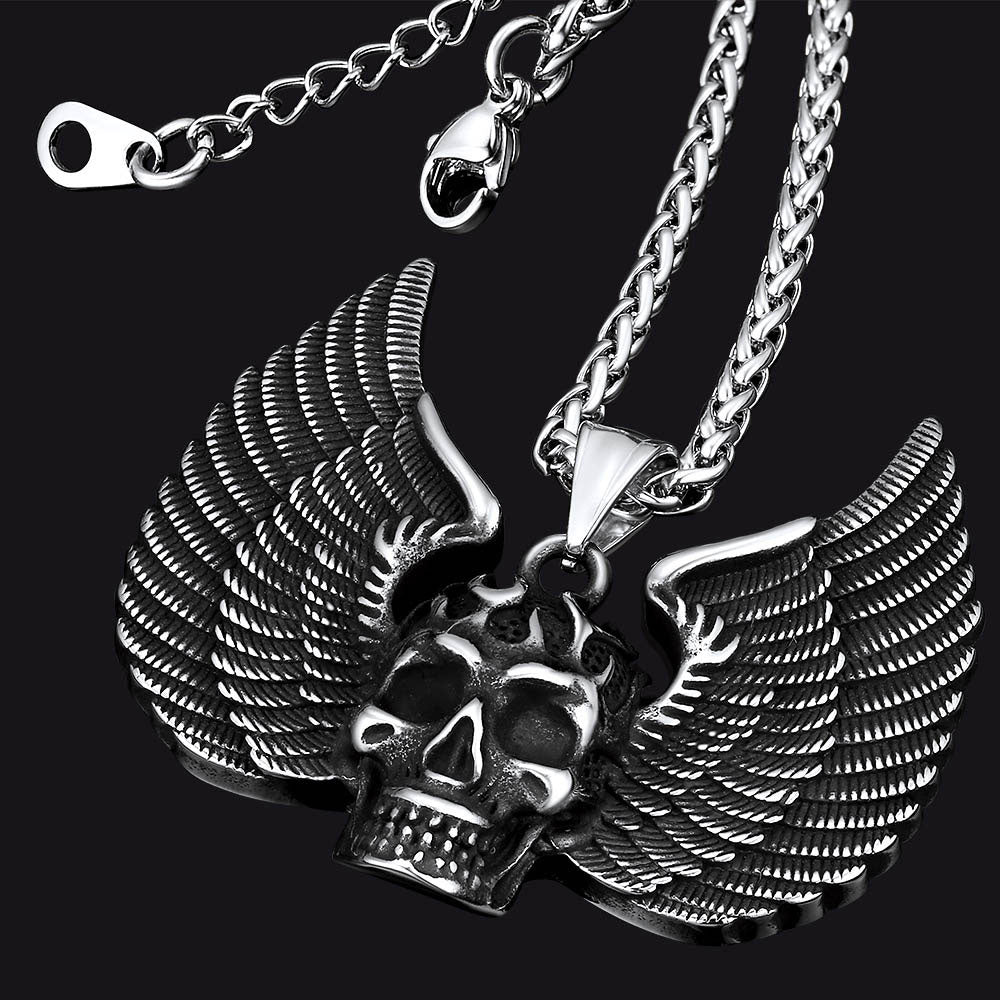 Gothic Flame Winged Skull Pendant Necklace for Men