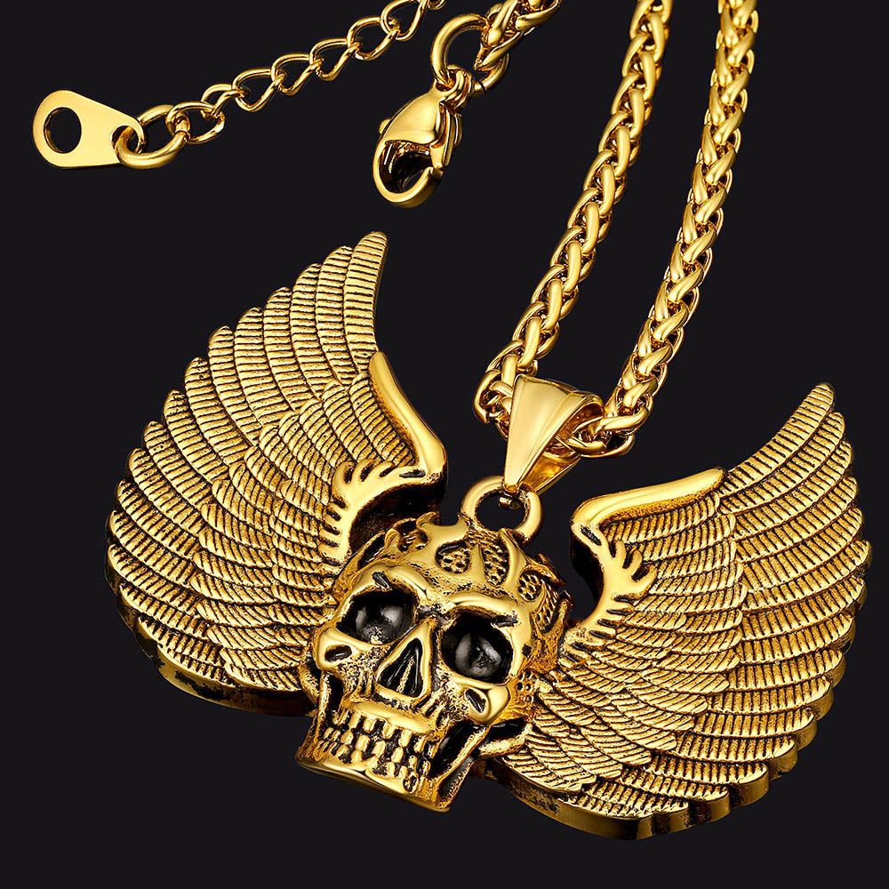 Gothic Flame Winged Skull Pendant Necklace for Men