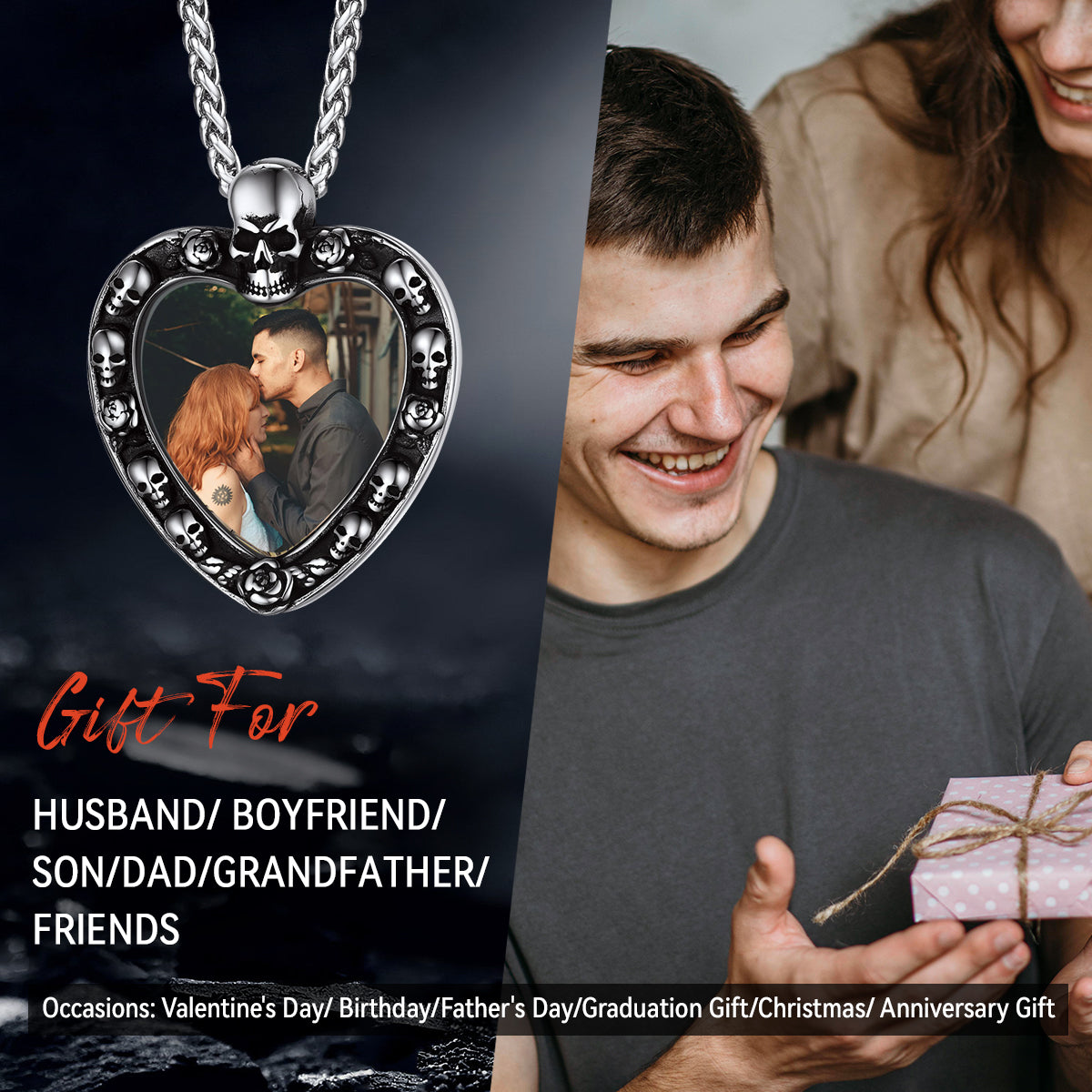 Customized Memorial Heart Photo Necklace with Skull for Men Women