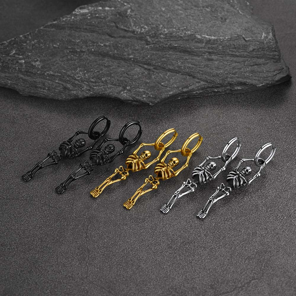 Gothic Skull Skeleton Dangle Hoop Earrings for Men