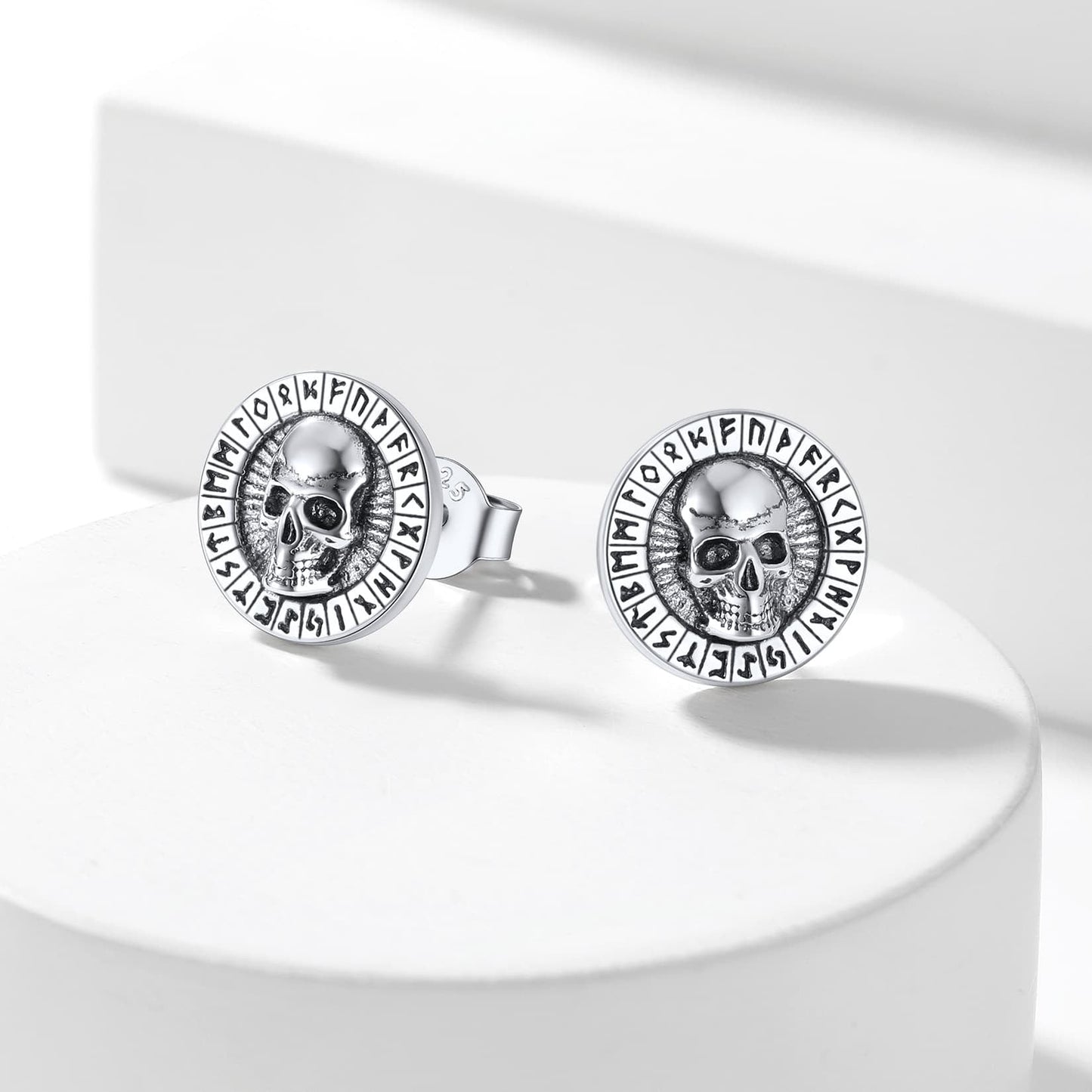 Sterling Silver Runes Skull Earrings Studs For Men