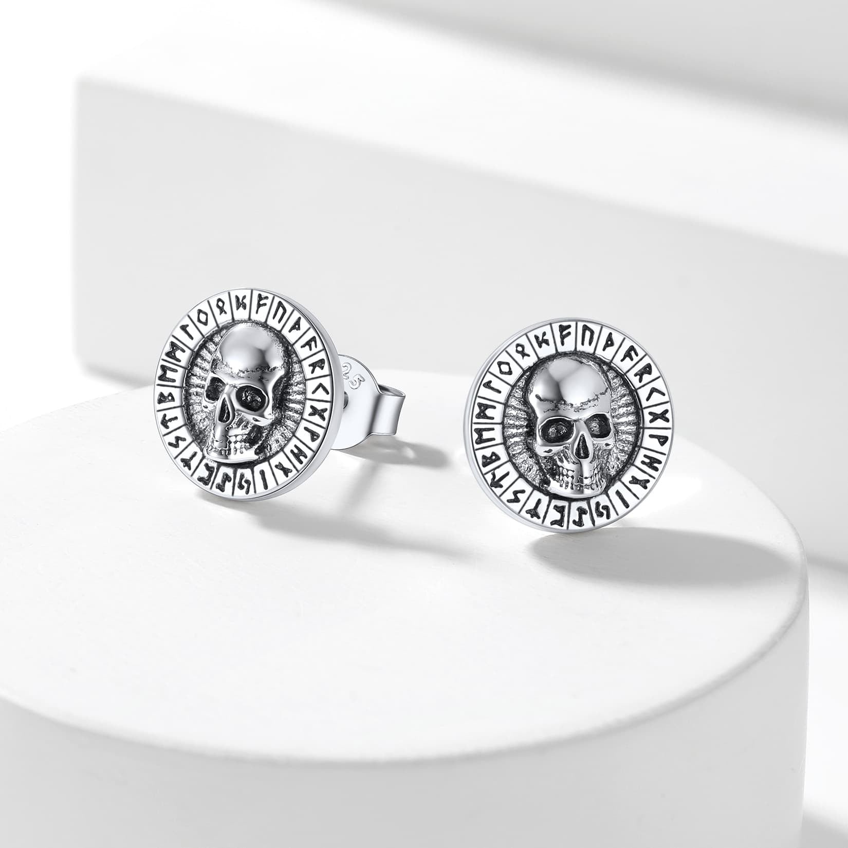 Sterling Silver Runes Skull Earrings Studs For Men