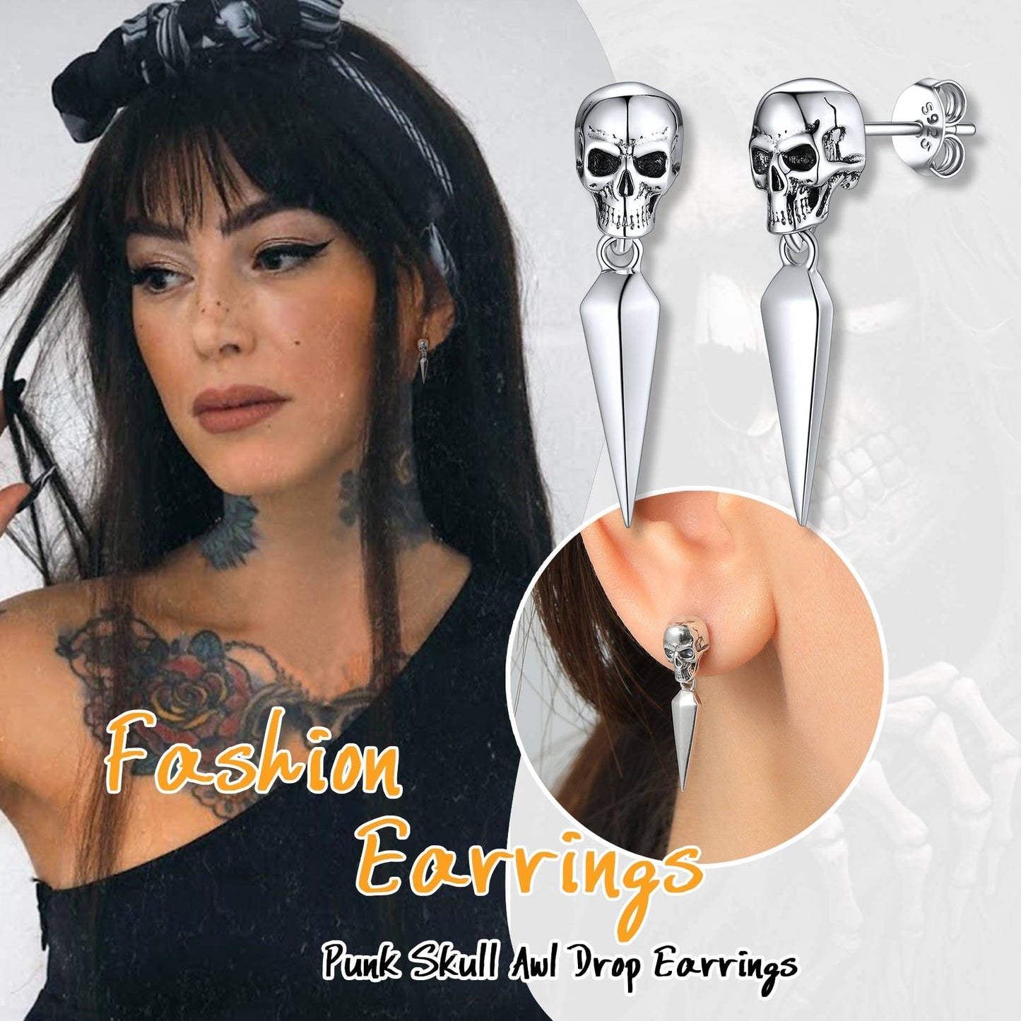 Sterling Silver Gothic Skull Dangle Stud Earrings For Men