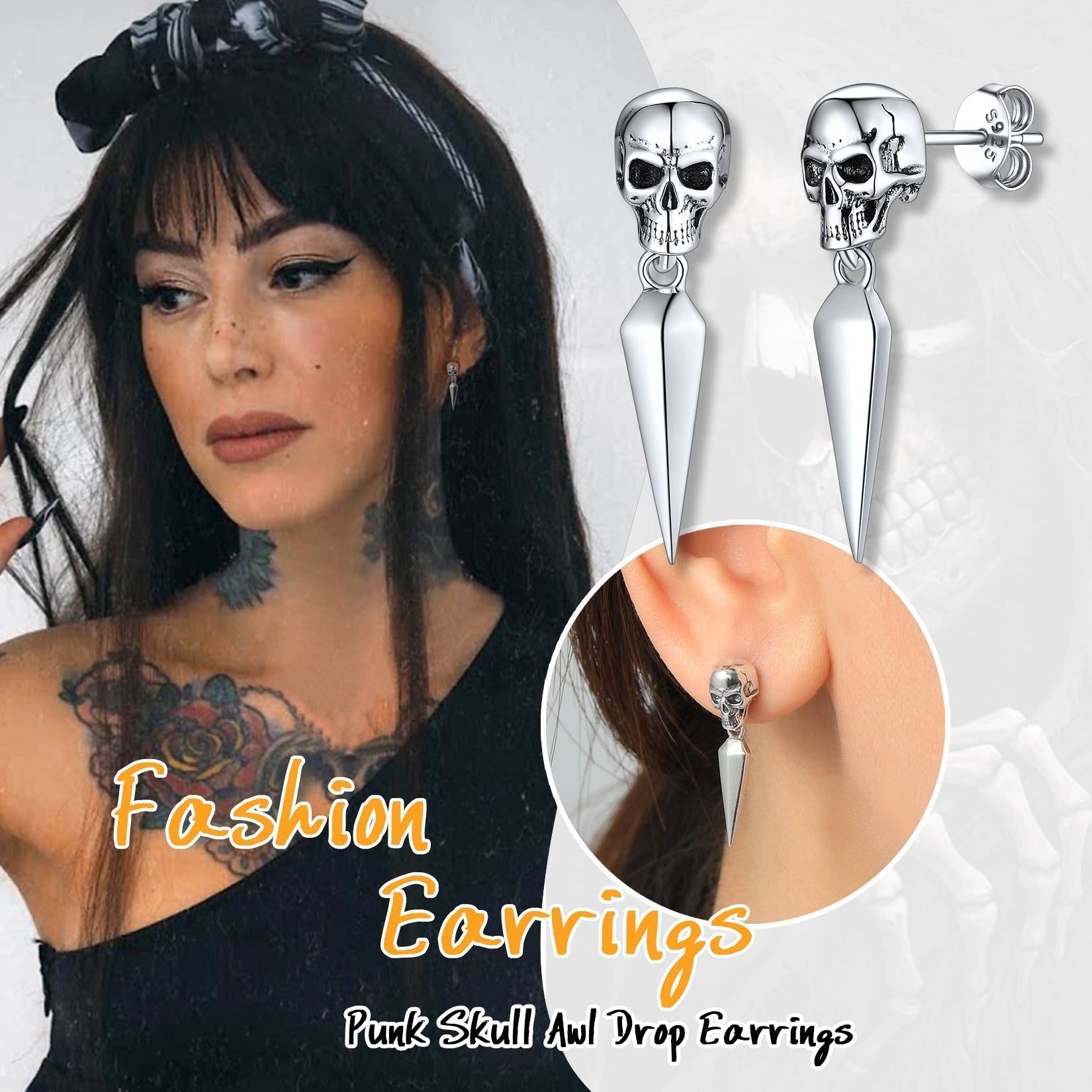 Sterling Silver Gothic Skull Dangle Stud Earrings For Men