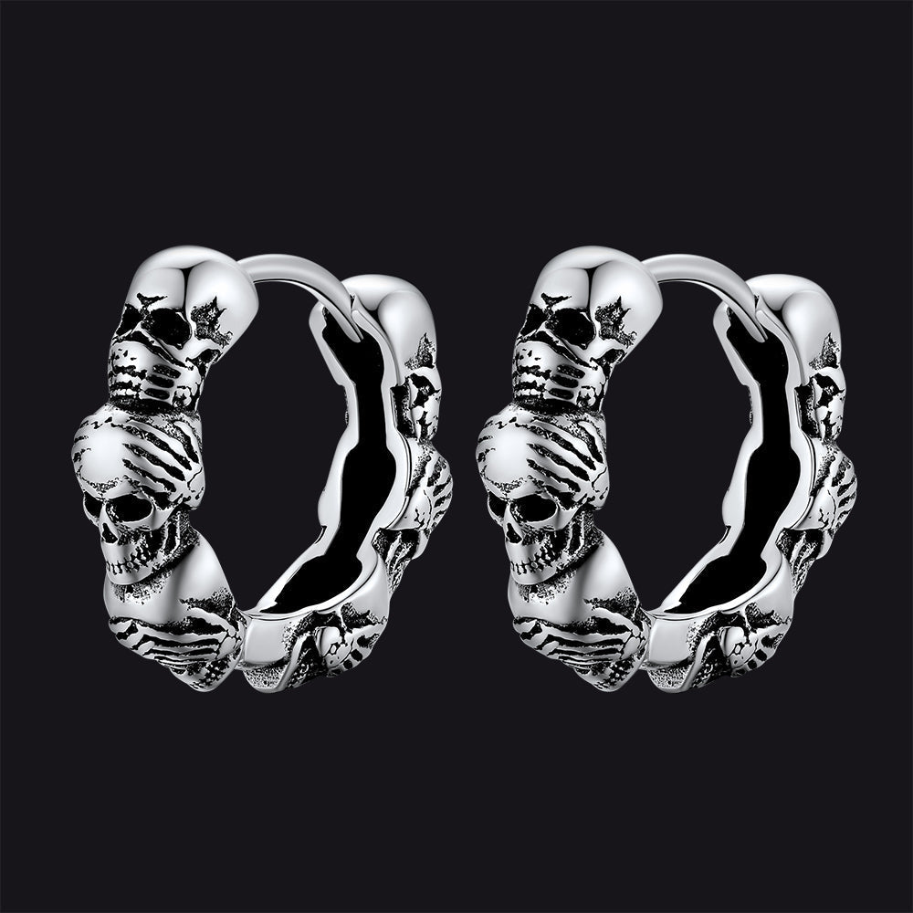 Sterling Silver Skulls Hoop Huugie Earrings For Men