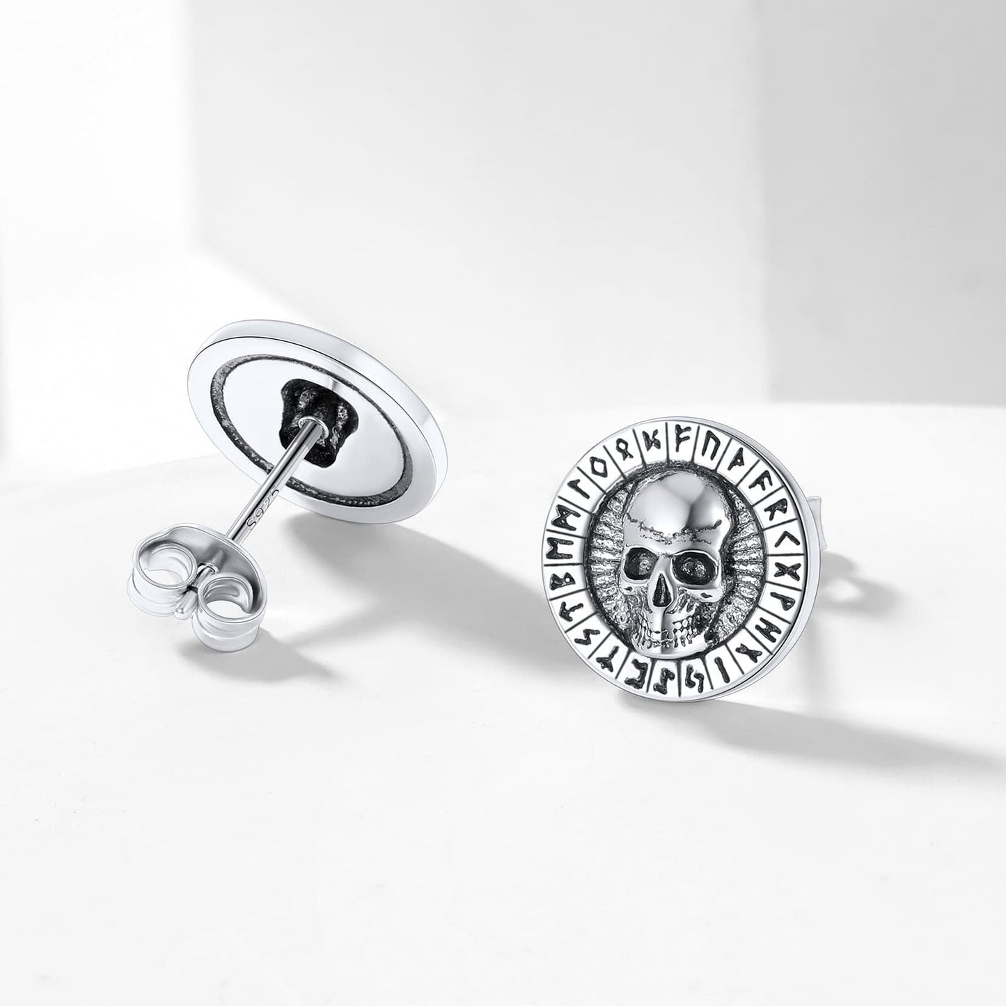 Sterling Silver Runes Skull Earrings Studs For Men