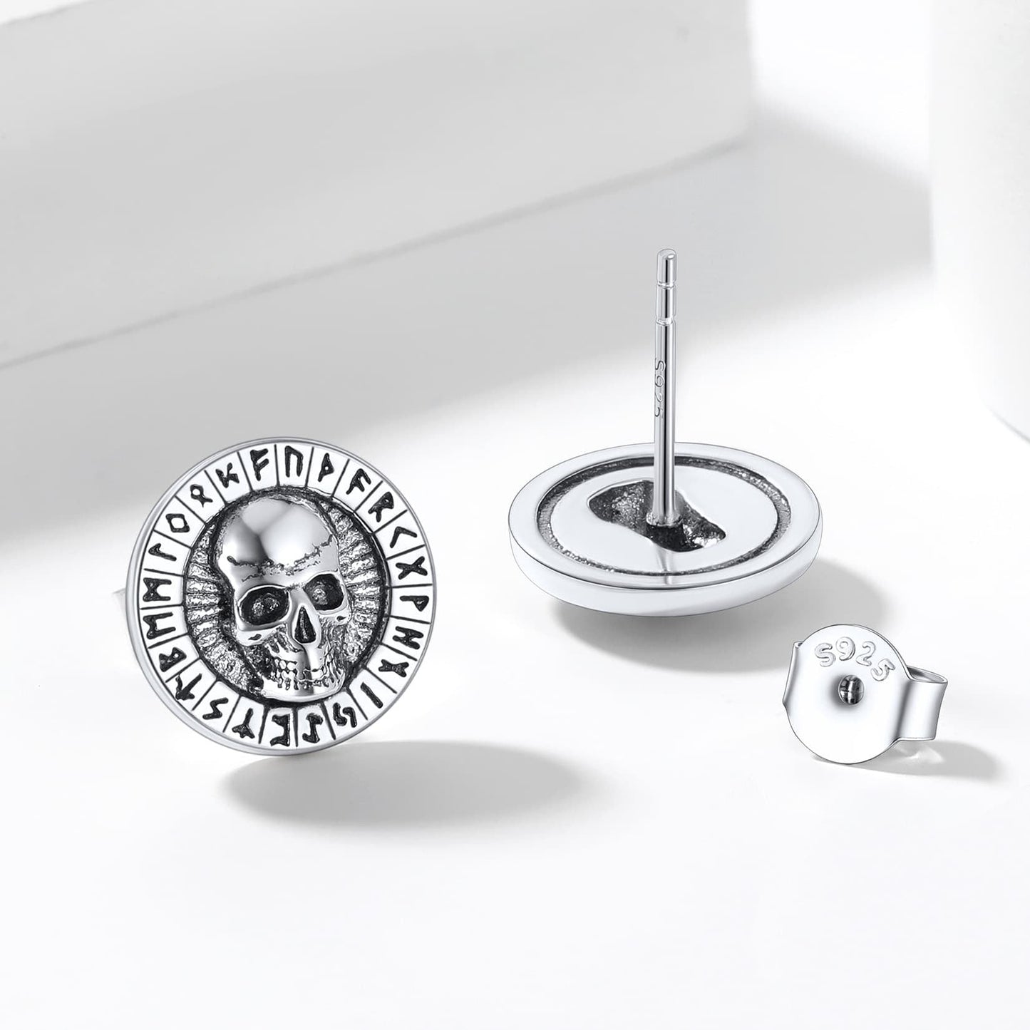 Sterling Silver Runes Skull Earrings Studs For Men
