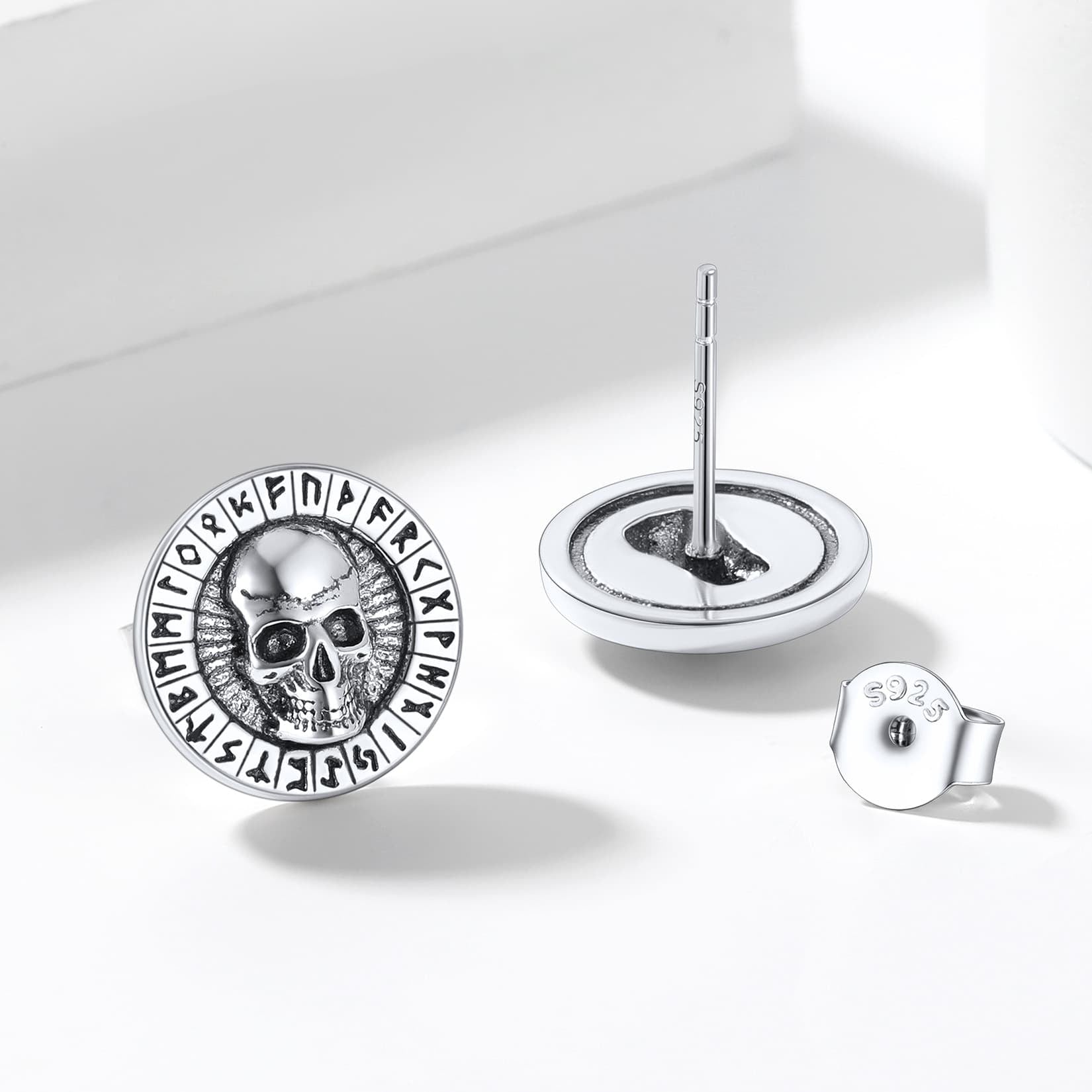 Sterling Silver Runes Skull Earrings Studs For Men