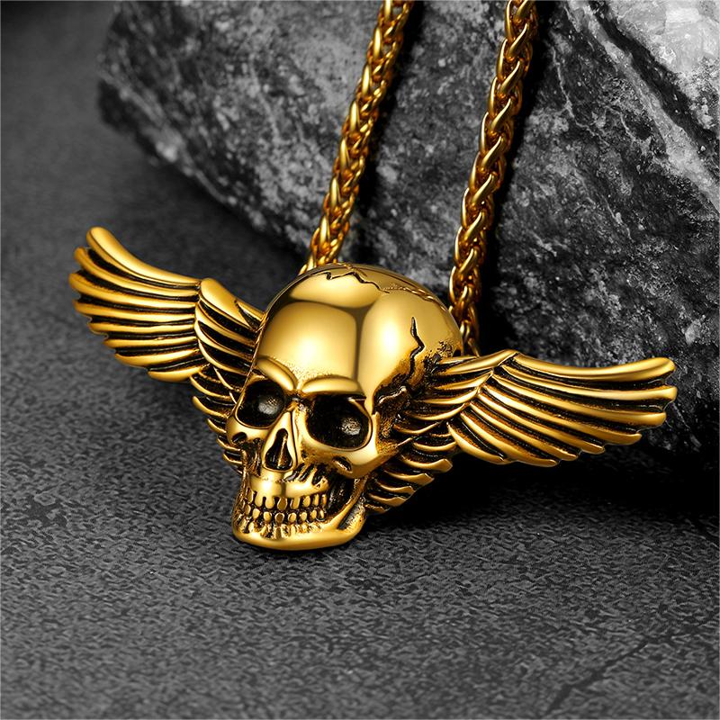 Gothic Skull Necklace With Wing For Men