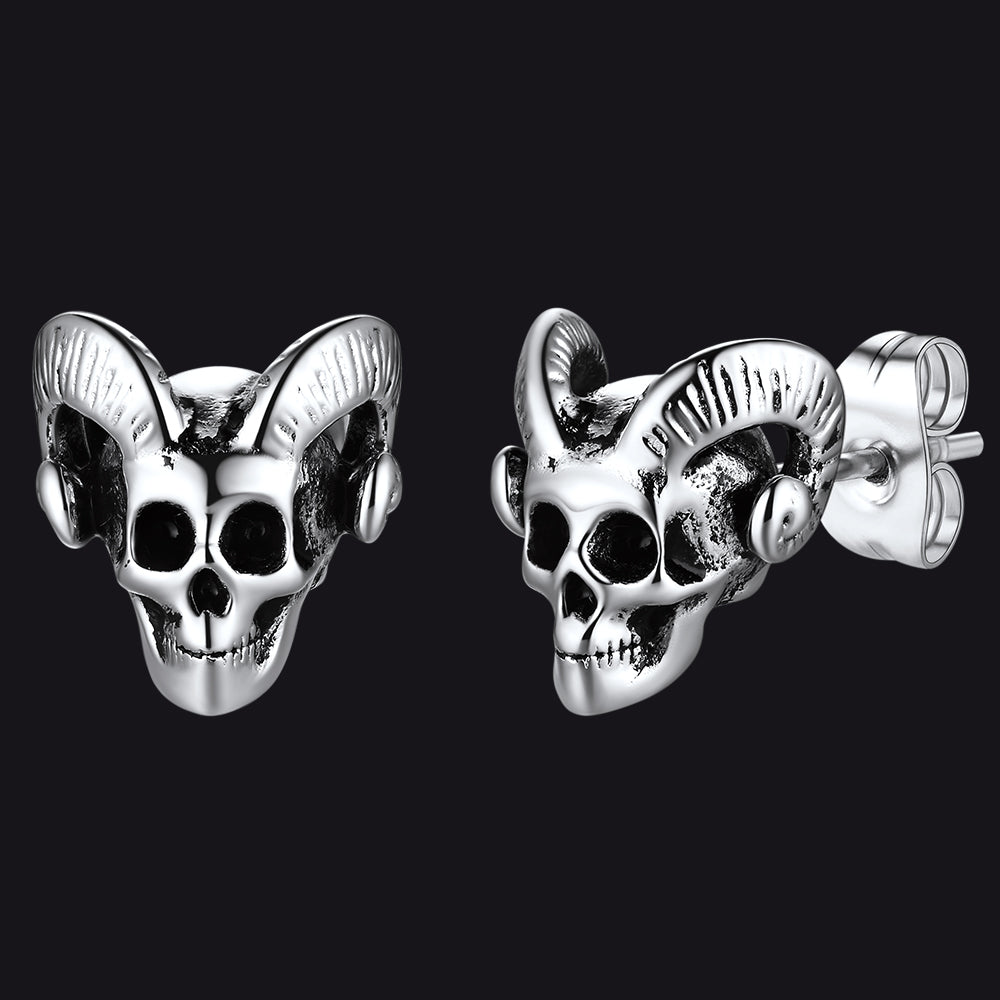 Satanic Baphomet Goat Skull Head Stud Earrings For Men