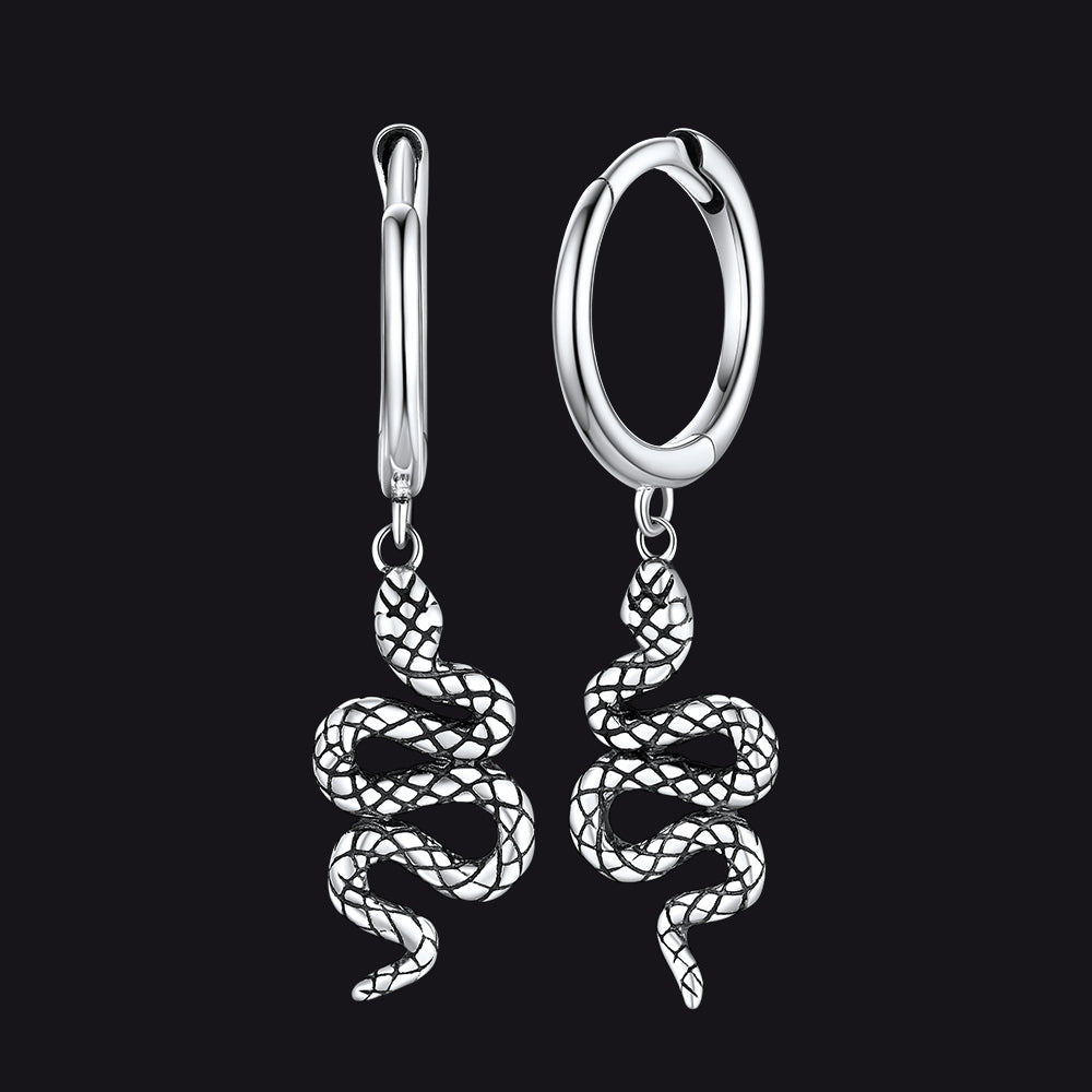 Sterling Silver Snake Dangle Hoop Earrings for Men Women