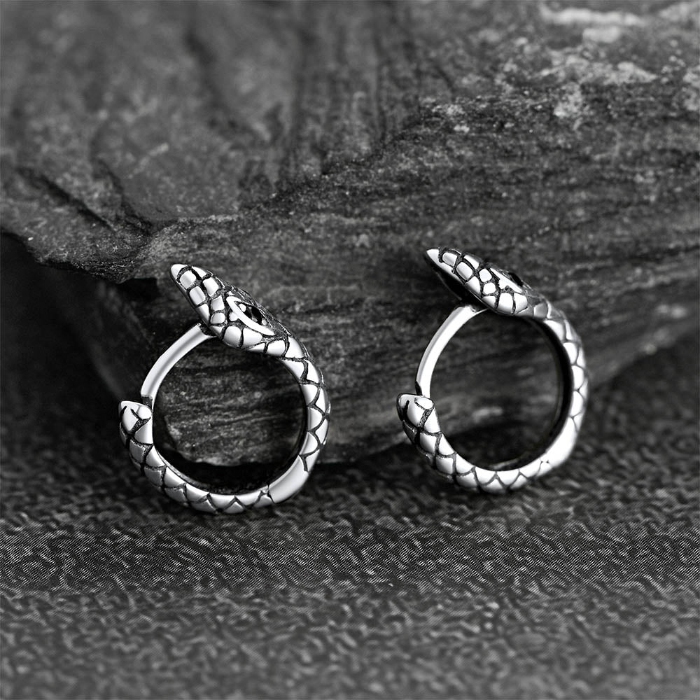 Punk Snake Huggie Hoop Earrings in Sterling Silver for Men