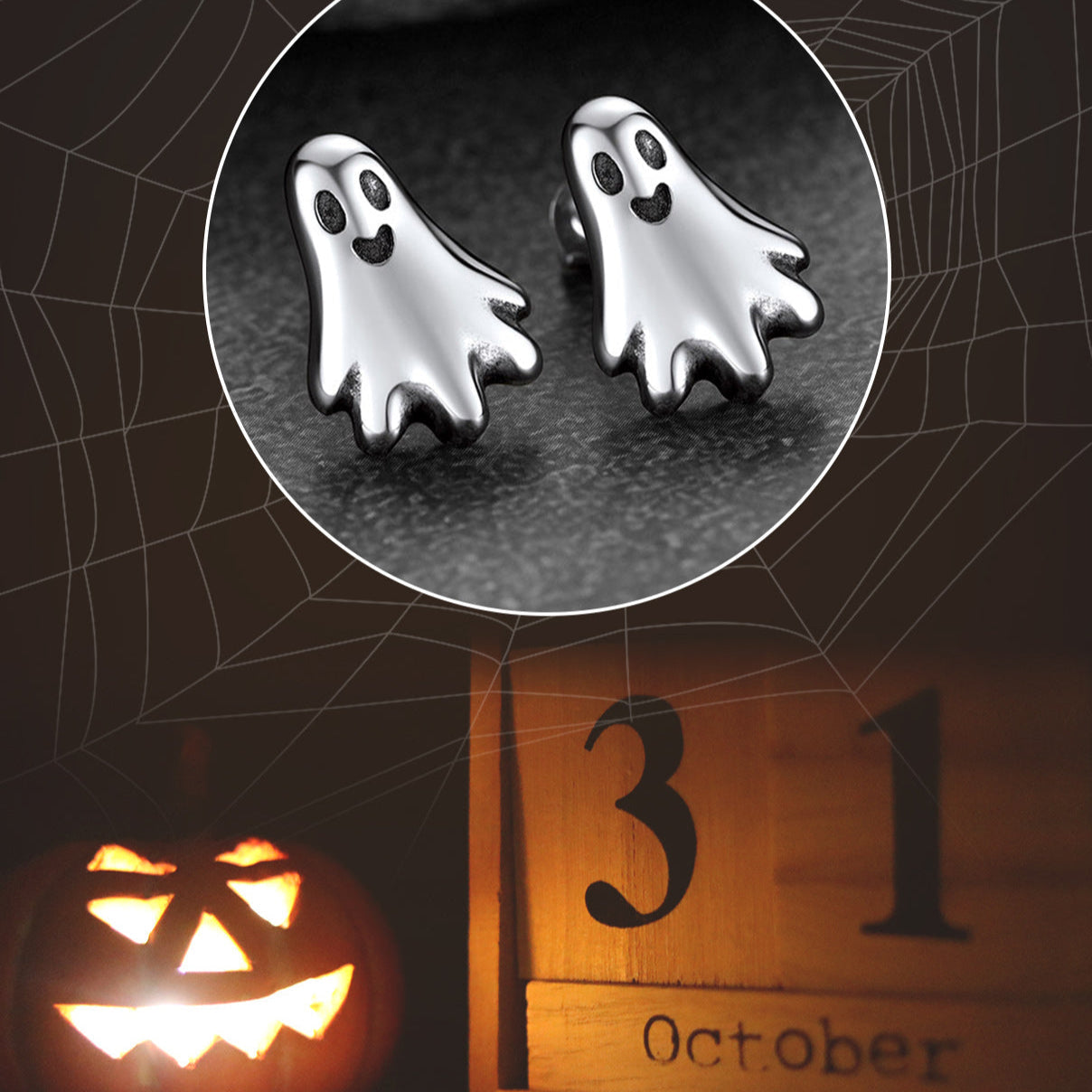 Halloween Silver Ghost Stud Earrings for Women