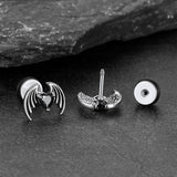 Black CZ Heart Devil Wings Stud Earrings in Stainless Steel