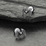 Black CZ Heart Devil Wings Stud Earrings in Stainless Steel