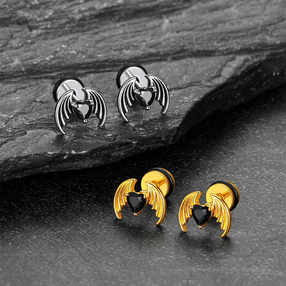 Black CZ Heart Devil Wings Stud Earrings in Stainless Steel