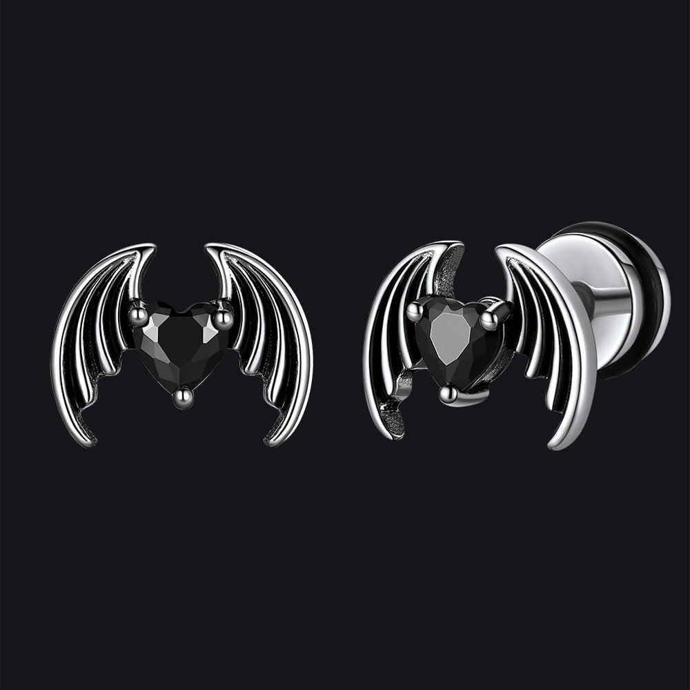 Black CZ Heart Devil Wings Stud Earrings in Stainless Steel