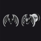 Black CZ Heart Devil Wings Stud Earrings in Stainless Steel