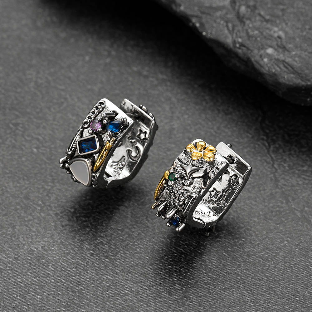 Punk Graffiti Joker Eagle Shield Star Square Hoop Earrings with Crystals for Men