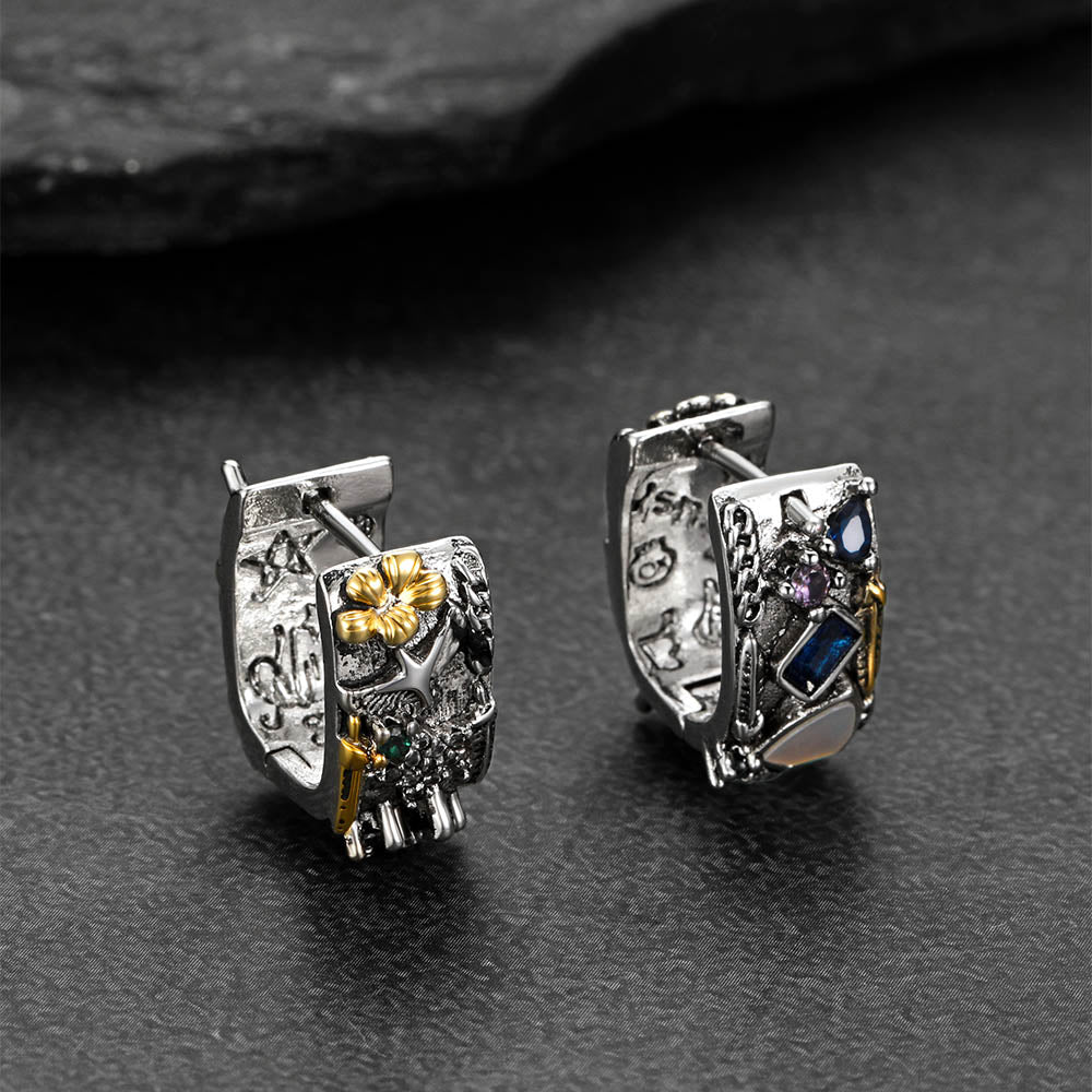 Punk Graffiti Joker Eagle Shield Star Square Hoop Earrings with Crystals for Men