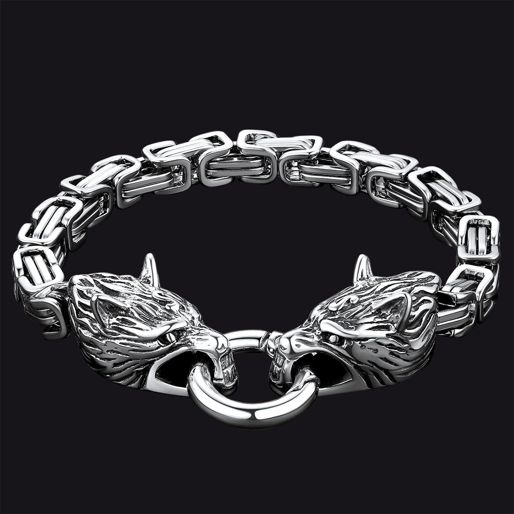 Viking Wolf Head Chain Bracelet Cuff Bangle Gift for Men