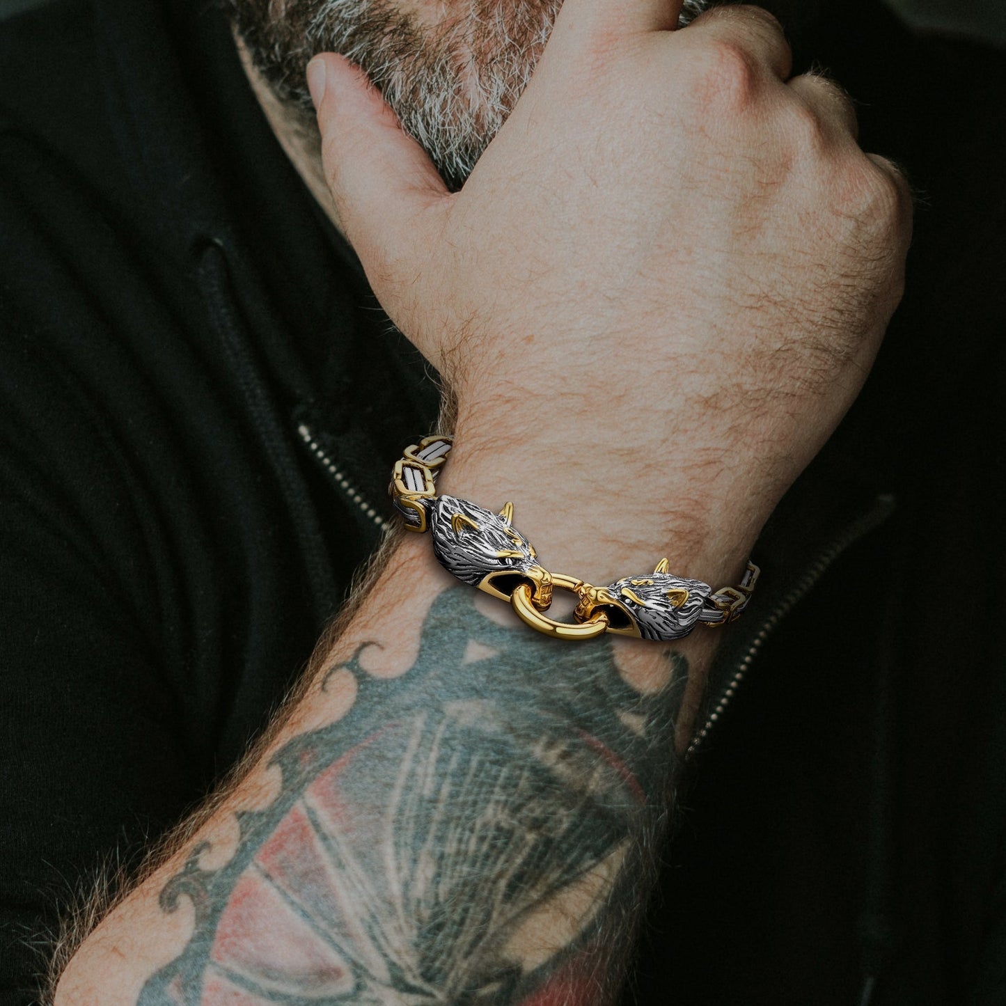 Viking Wolf Head Chain Bracelet Cuff Bangle Gift for Men