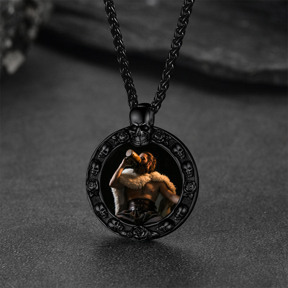 Customized Engraved Photo Necklace with Skull for Men Women