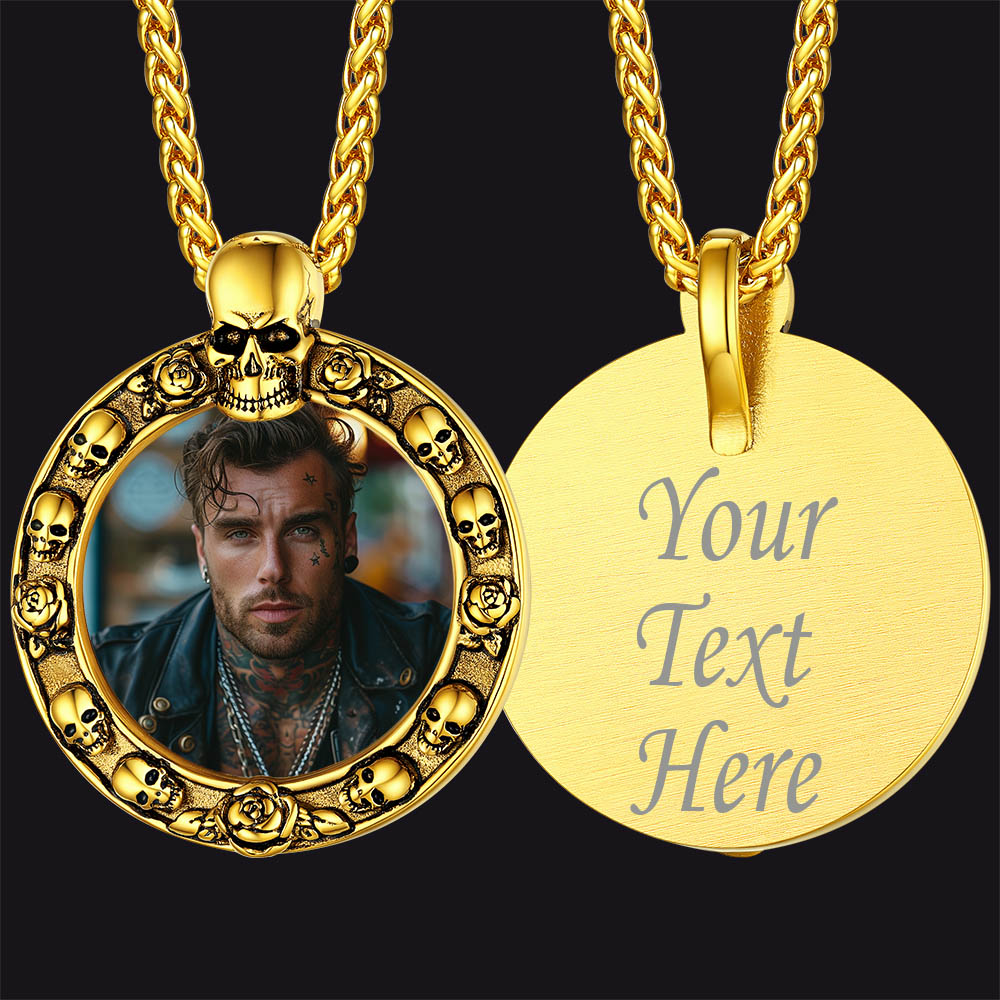 Customized Engraved Photo Necklace with Skull for Men Women