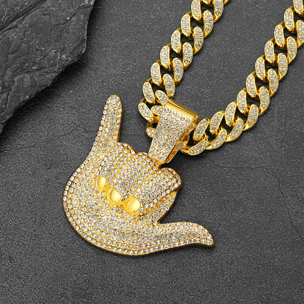 Full Diamond 666 Hand Pendant with Cuban Chain Necklace for Men