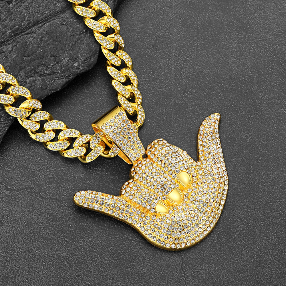 Full Diamond 666 Hand Pendant with Cuban Chain Necklace for Men